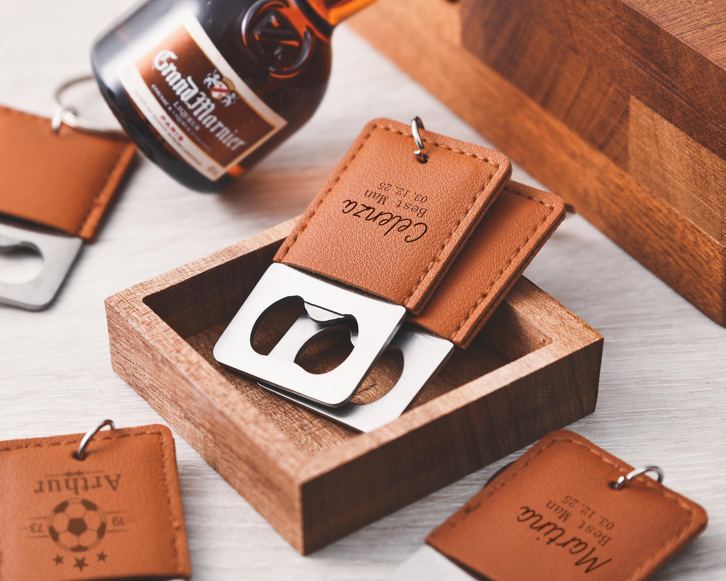 Personalized leather keychain bottle opener, customizable groomsmen gift
