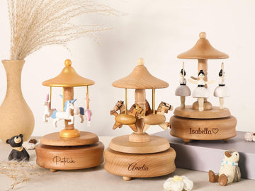 Musical Wooden Ballerina Carousel Keepsake, Engraved Name Music Box, Personalized Wooden MusicBox