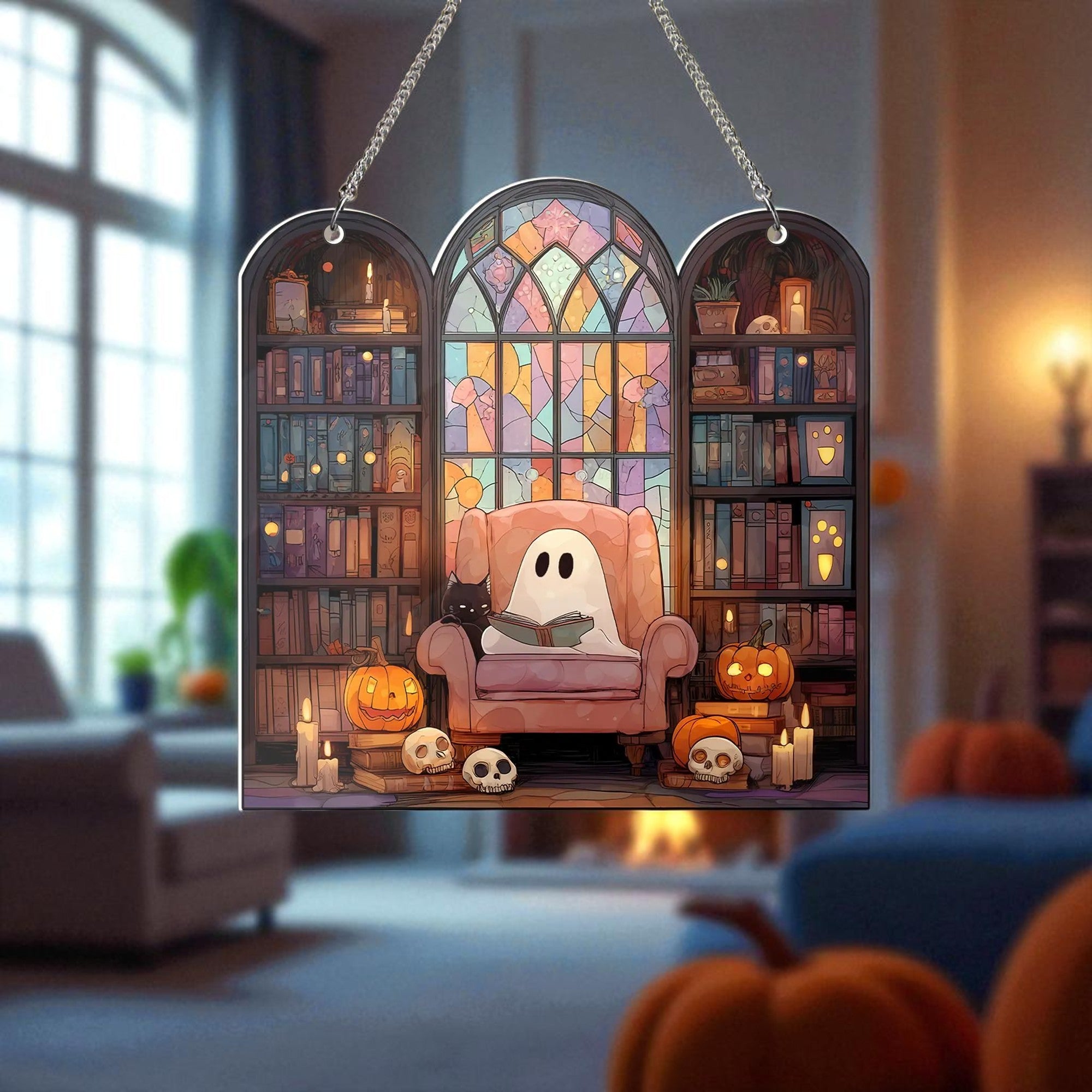 Cute Ghost Reading Book and Black Cat Suncatcher, Spooky Bookish Halloween Home Decor, Book Lover Gift