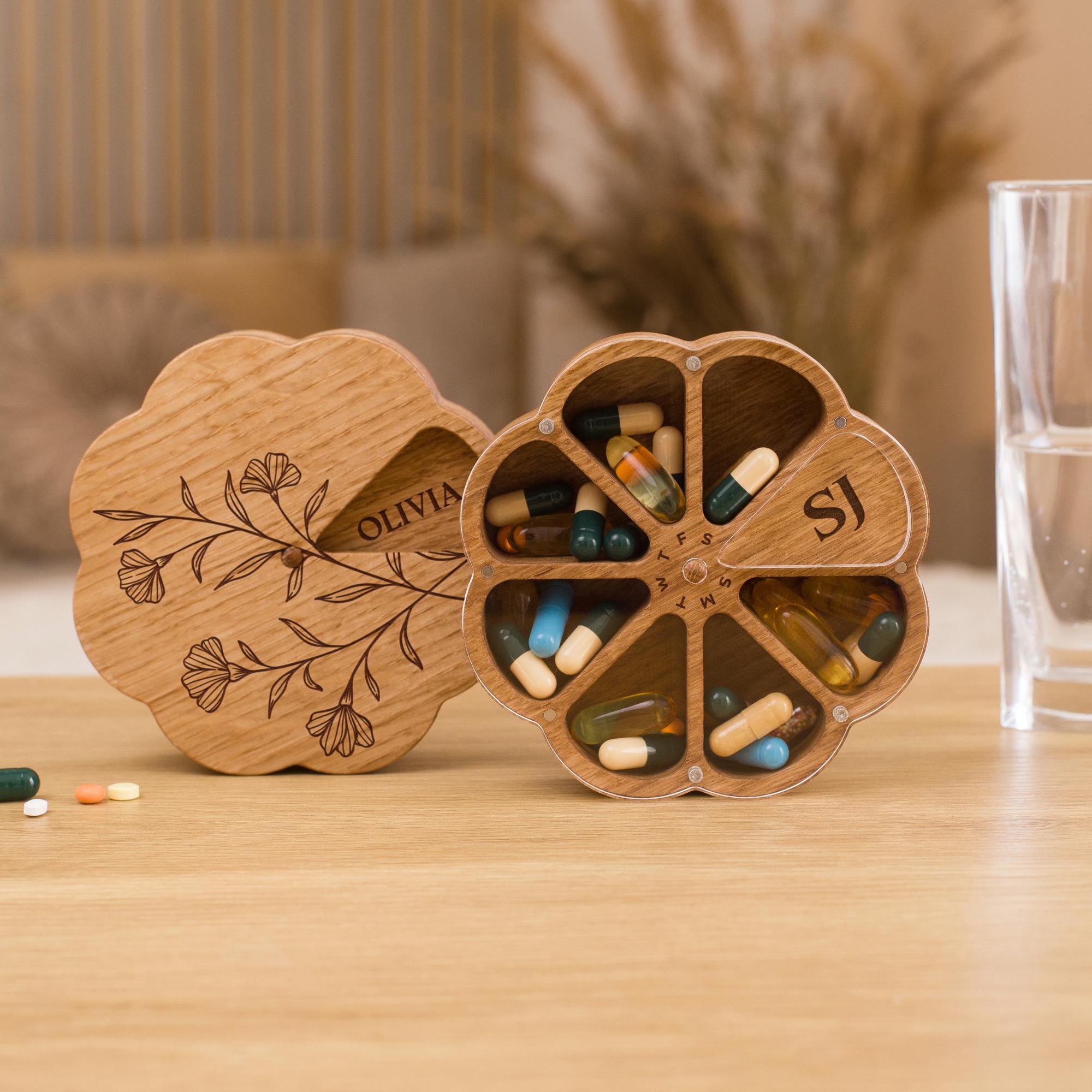 Daily Pill Organizer, Pill Container, Weekly Pill Box, Wooden Pill Case 7 Day, Vitamin Organizer