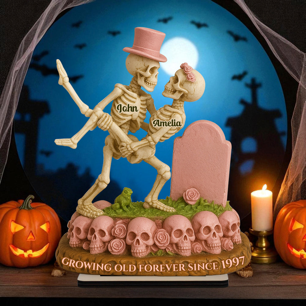 Growing Old Forever Wooden Stand Halloween Skeleton Couple