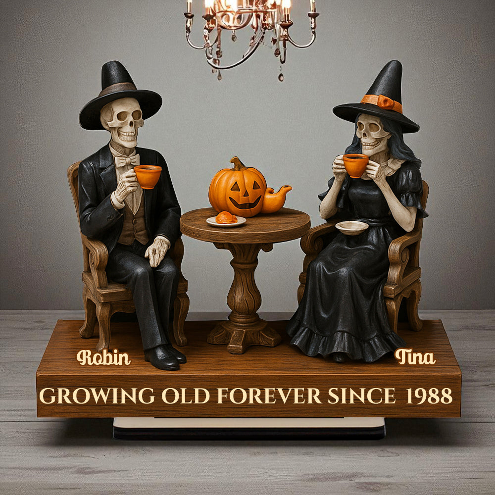 Growing Old Forever Wooden Stand Halloween Skeleton Couple