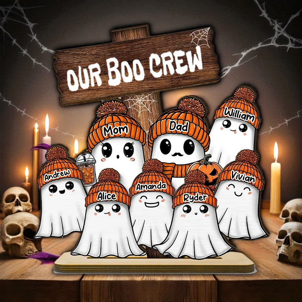 Family Our Boo Crew Fall Season Halloween Personalized 2-Layer Standing Wooden Stand