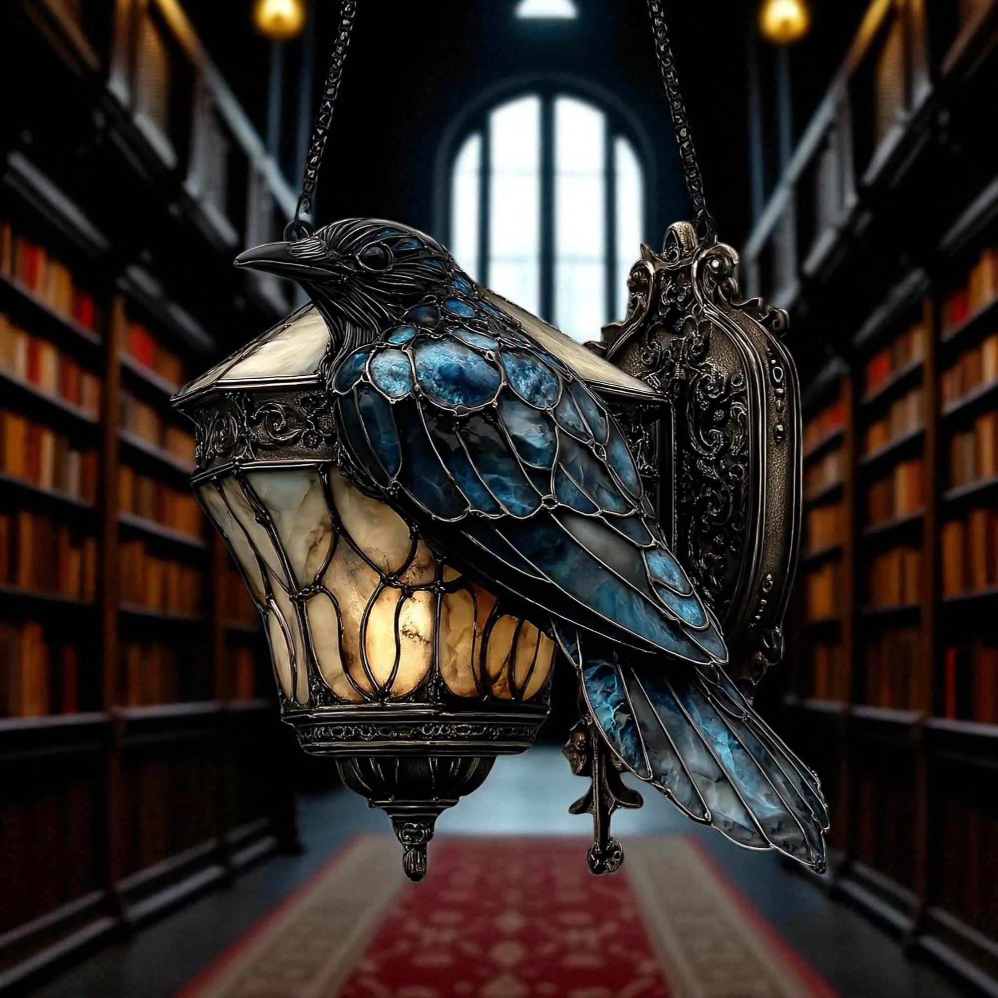 Raven Gothic Lantern Acrylic Suncatcher – 2D Faux Crow on Lamp Halloween Window Hanging, Dark Academia & Spooky Home Decor