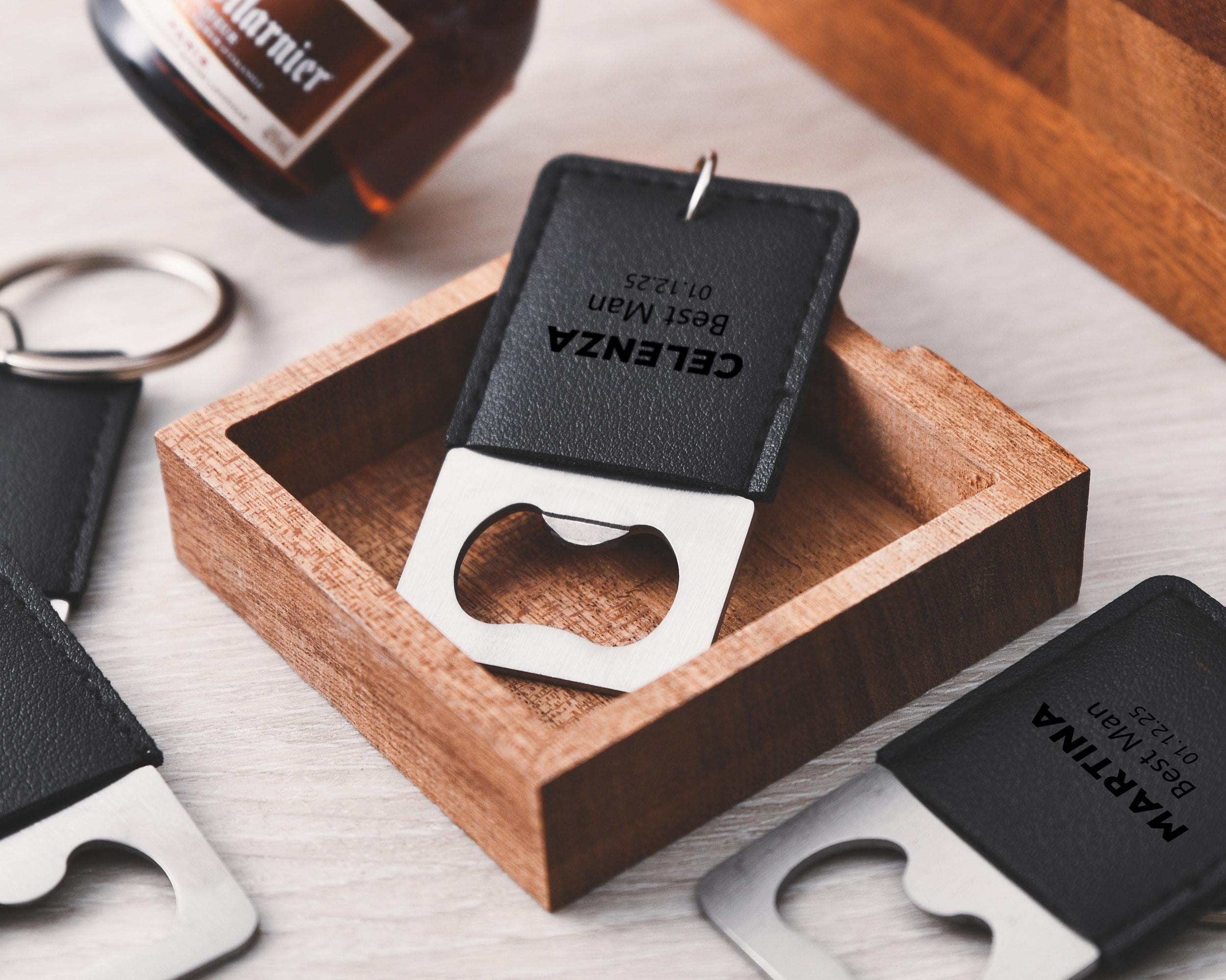 Personalized leather keychain bottle opener, customizable groomsmen gift
