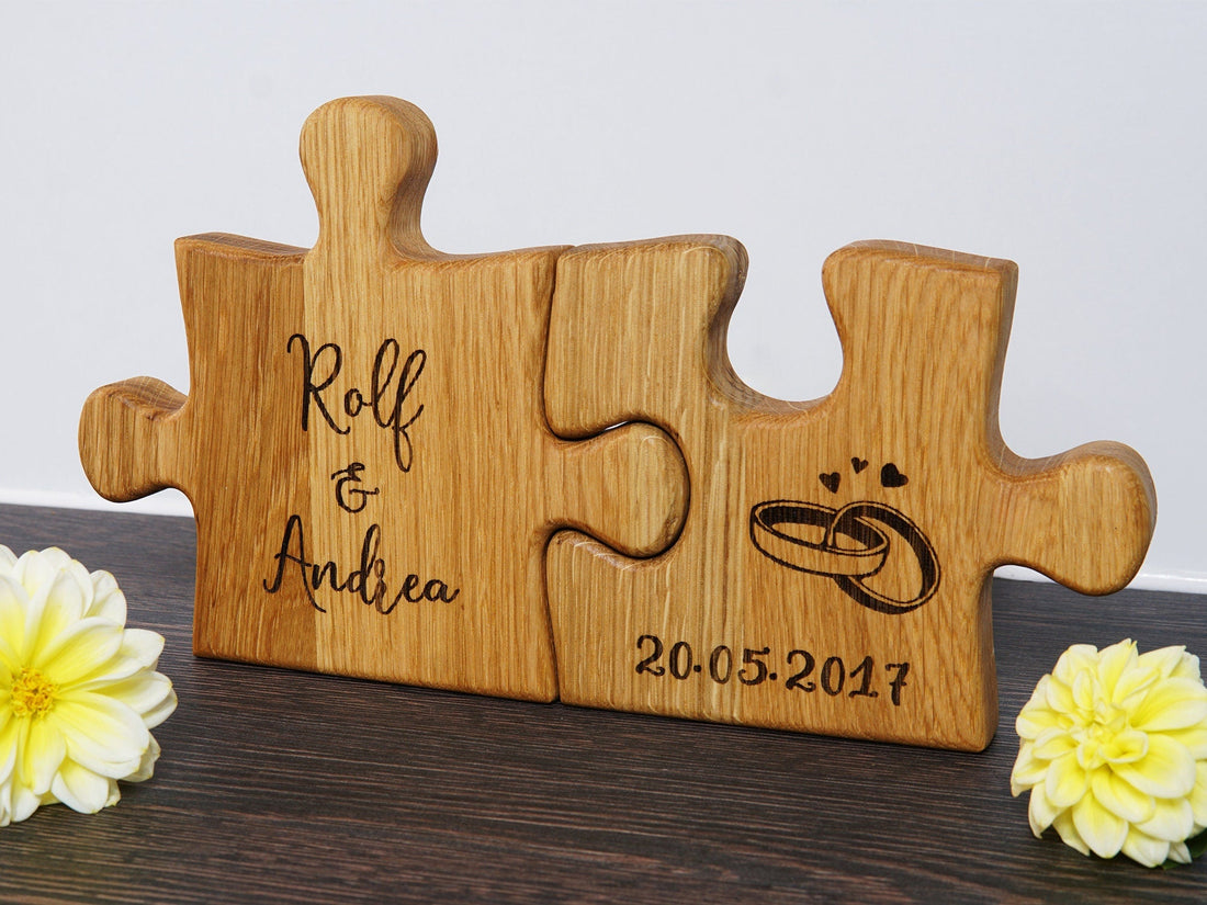 Wedding puzzle made of wood personalized as a gift for Couple