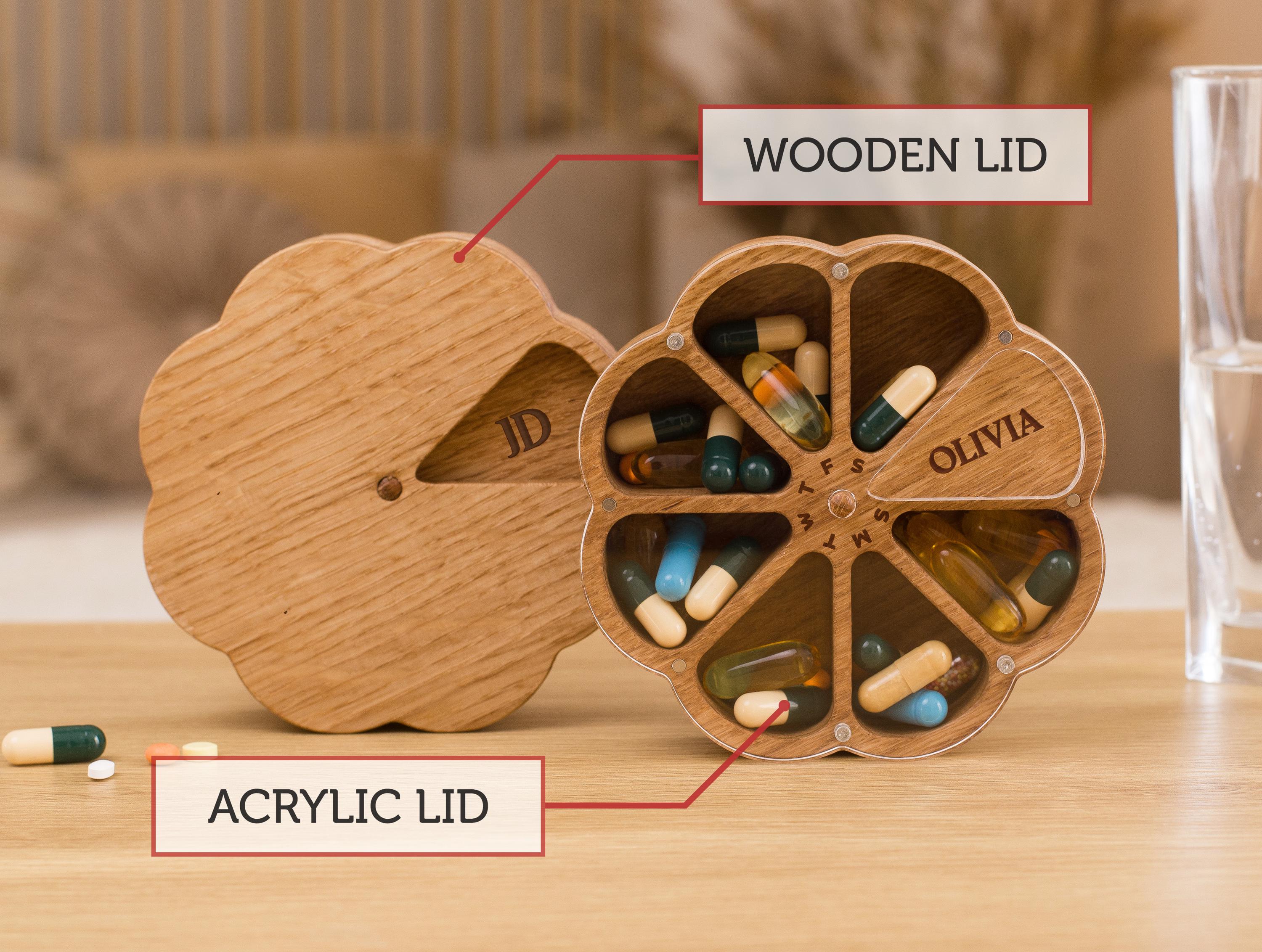 Daily Pill Organizer, Pill Container, Weekly Pill Box, Wooden Pill Case 7 Day, Vitamin Organizer
