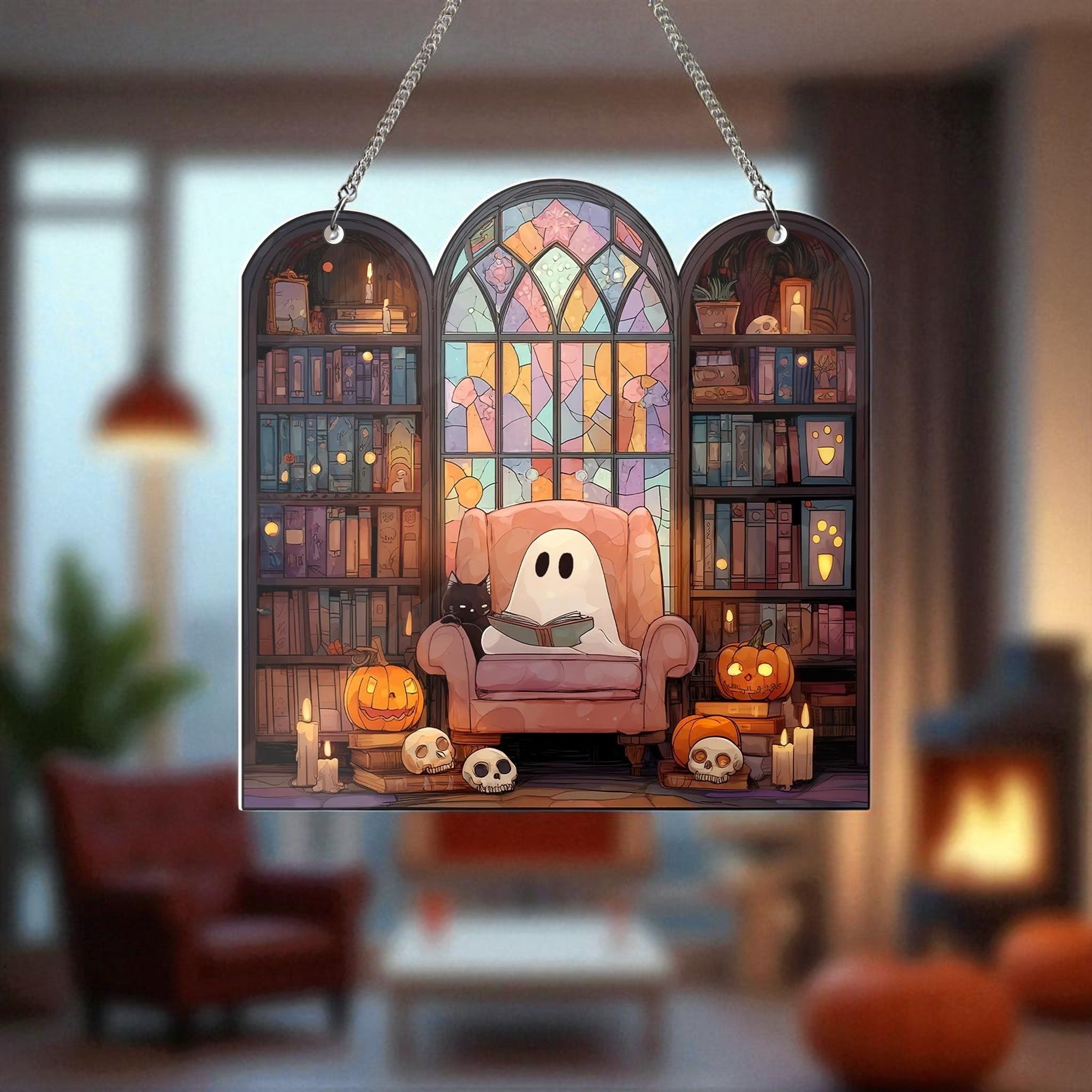 Cute Ghost Reading Book and Black Cat Suncatcher, Spooky Bookish Halloween Home Decor, Book Lover Gift
