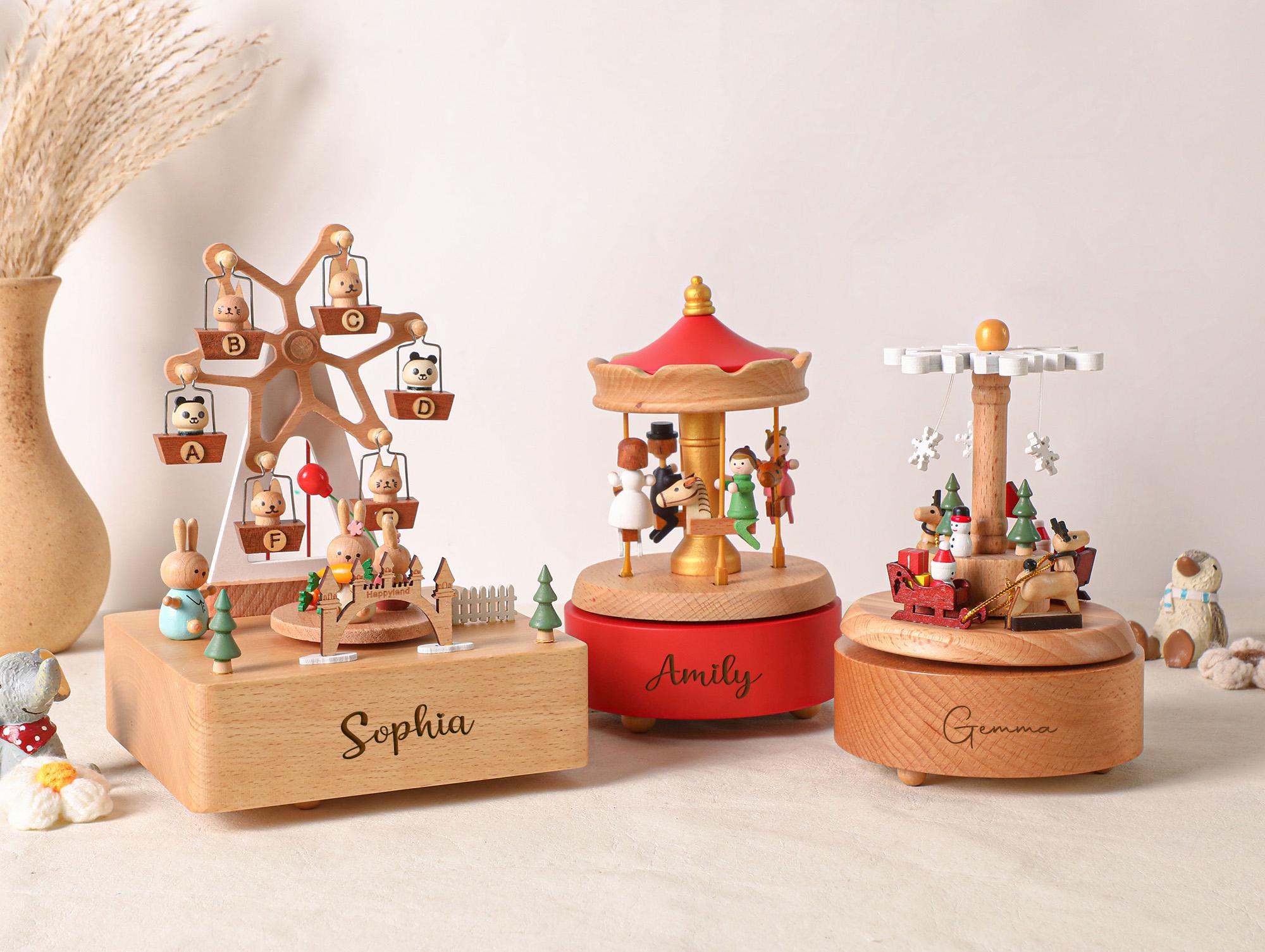 Musical Wooden Ballerina Carousel Keepsake, Engraved Name Music Box, Personalized Wooden MusicBox
