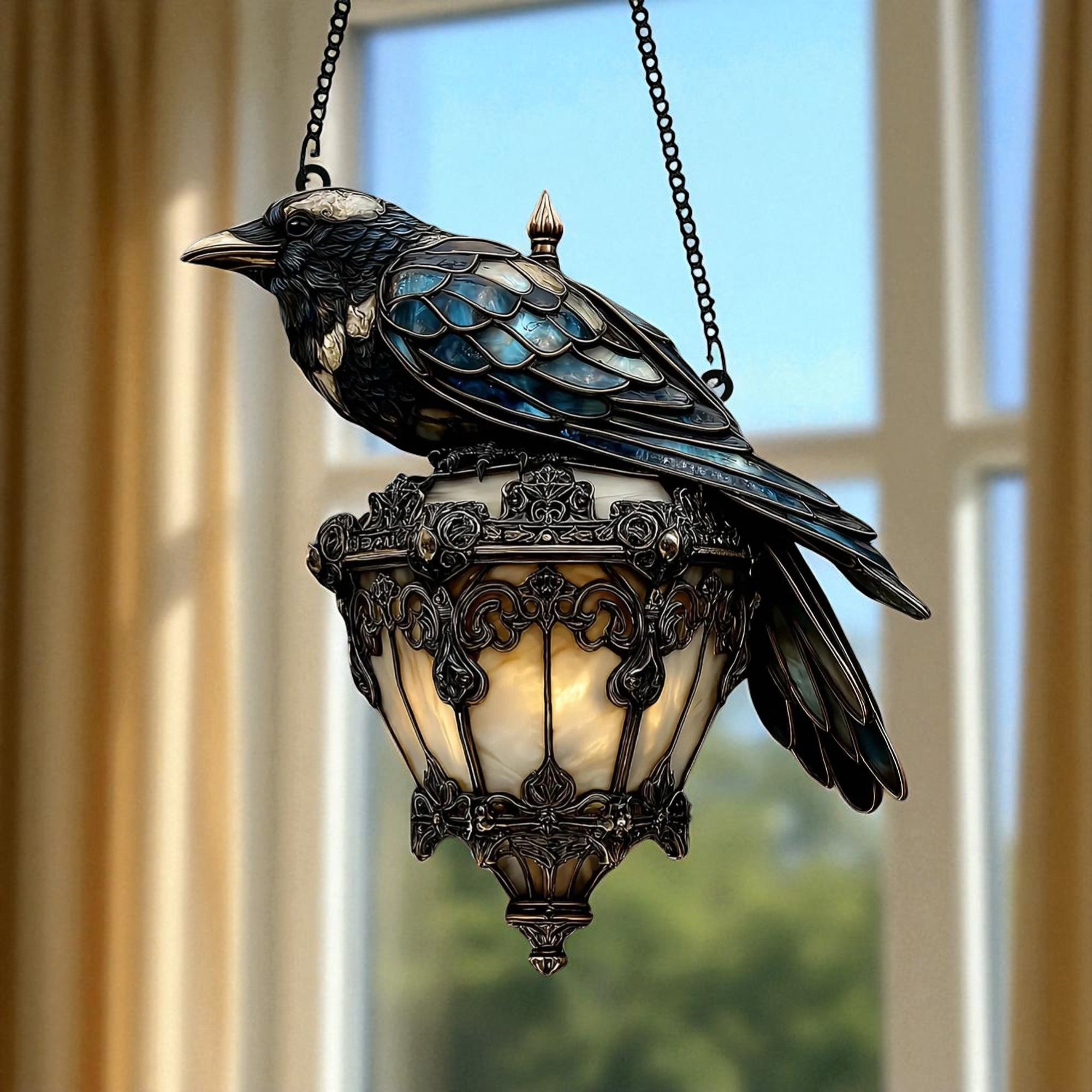 Raven Gothic Lantern Acrylic Suncatcher – 2D Faux Crow on Lamp Halloween Window Hanging, Dark Academia & Spooky Home Decor