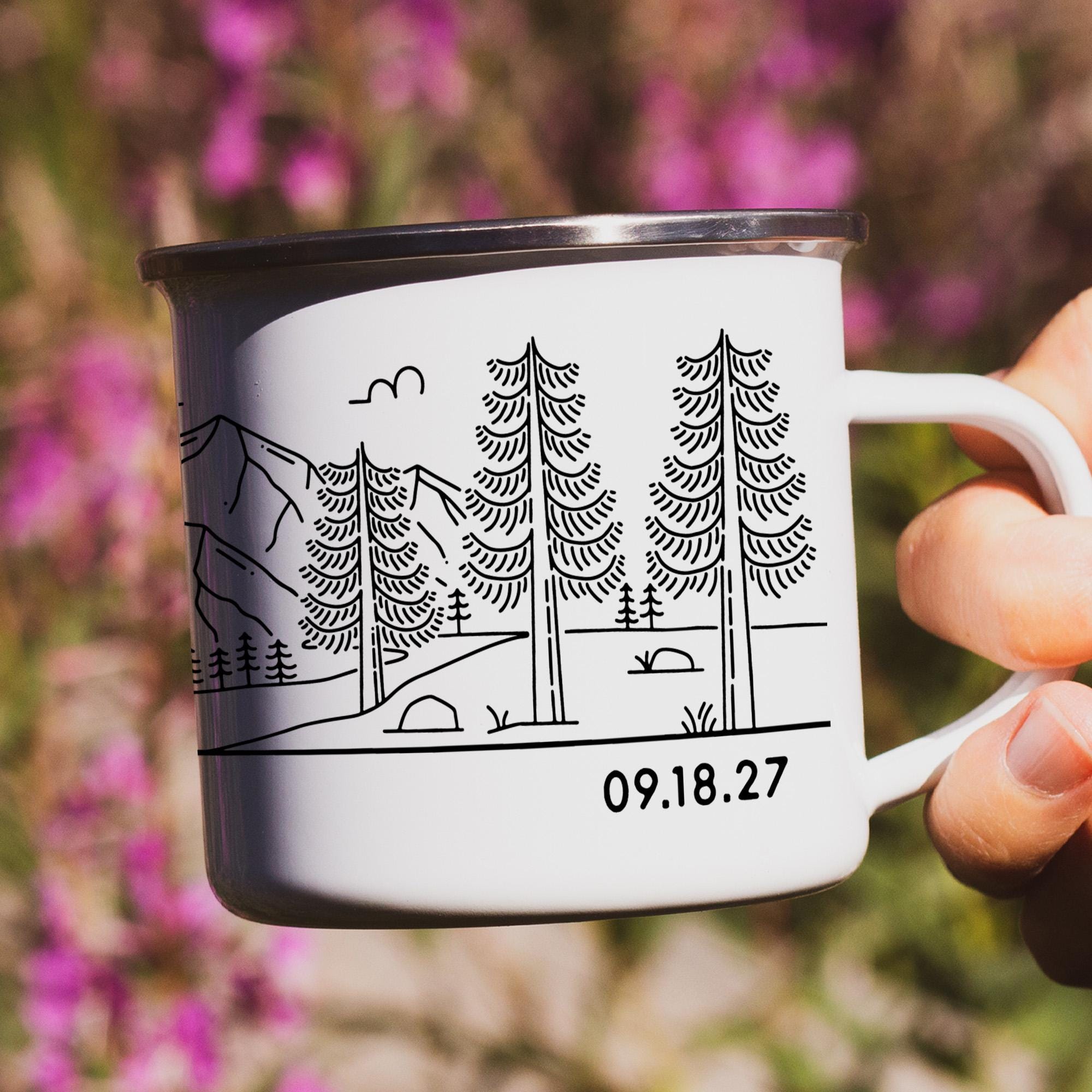 Personalized Wedding Gift, Bride & Groom Mountain Romantic Enamel Mug, Unique Engagement Present for Outdoorsy Couple