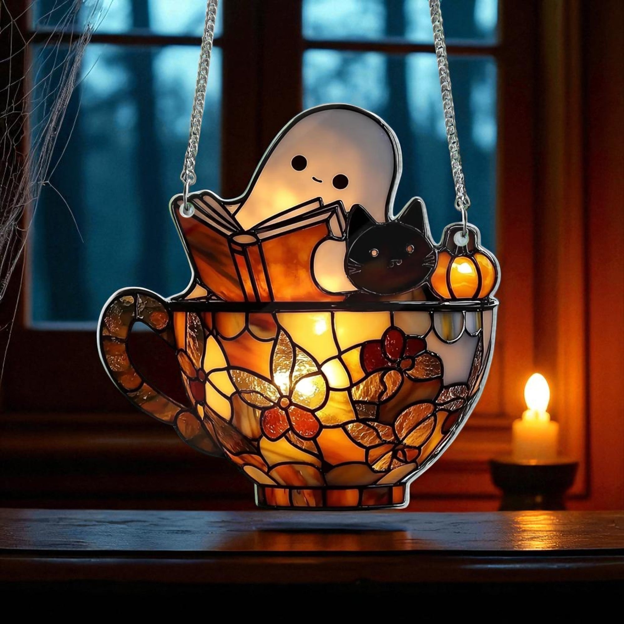 Cute Ghost Reading & Black Cat in Teacup Acrylic Suncatcher – Spooky Bookish Window Hanging, Halloween Bathroom or Library Decor