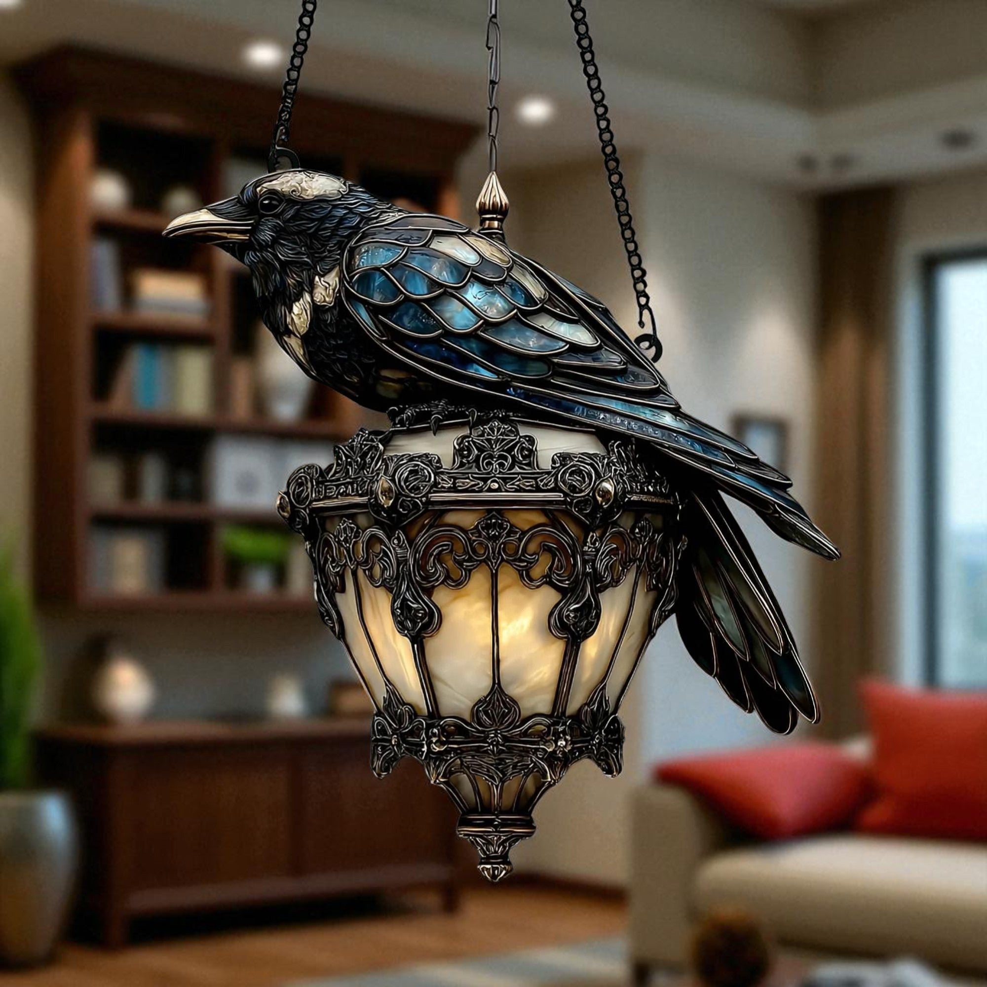 Raven Gothic Lantern Acrylic Suncatcher – 2D Faux Crow on Lamp Halloween Window Hanging, Dark Academia & Spooky Home Decor