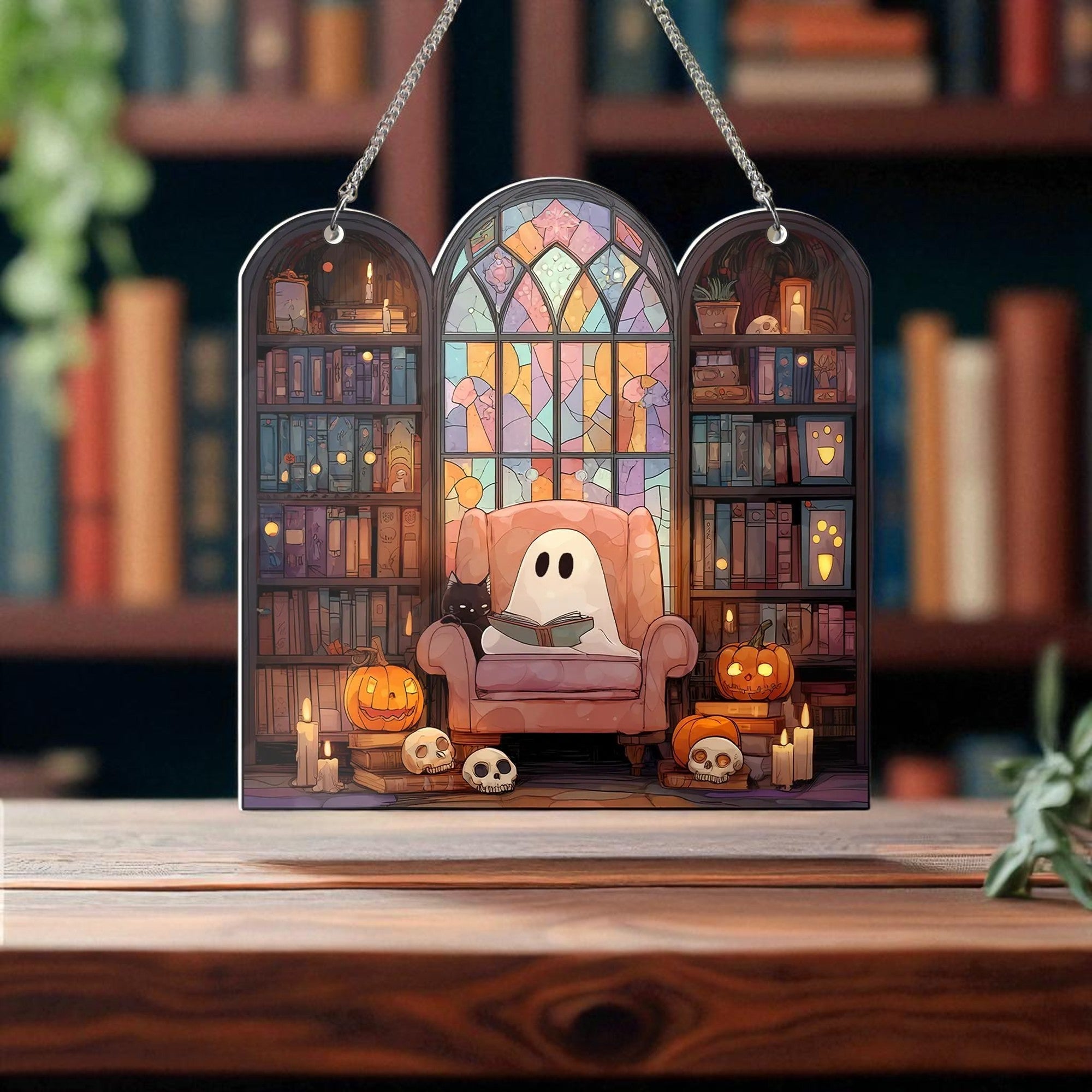 Cute Ghost Reading Book and Black Cat Suncatcher, Spooky Bookish Halloween Home Decor, Book Lover Gift