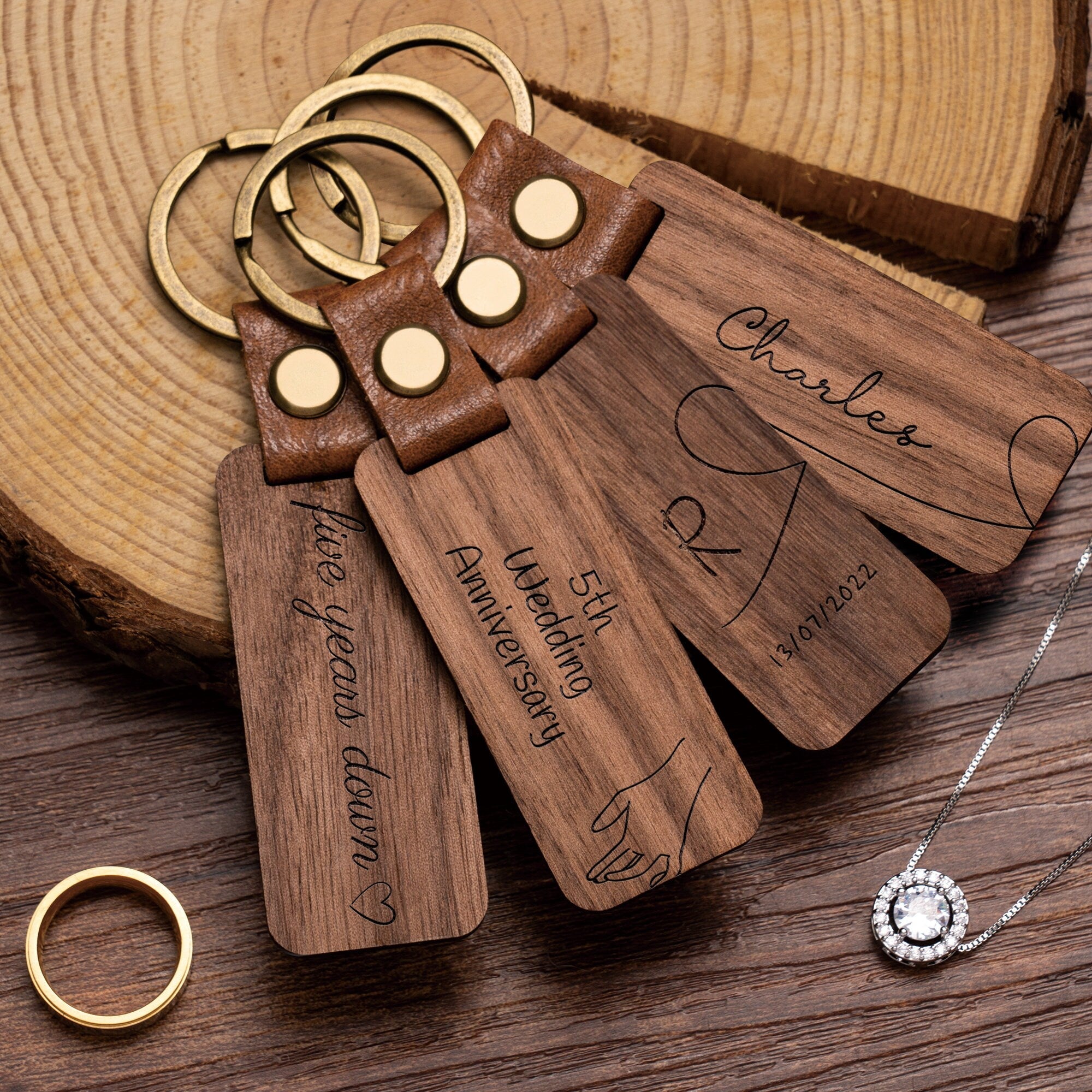 Personalised Wood Couple Keychain, Engraved Keyrings for Couple, Gift For Boyfriend or Husband
