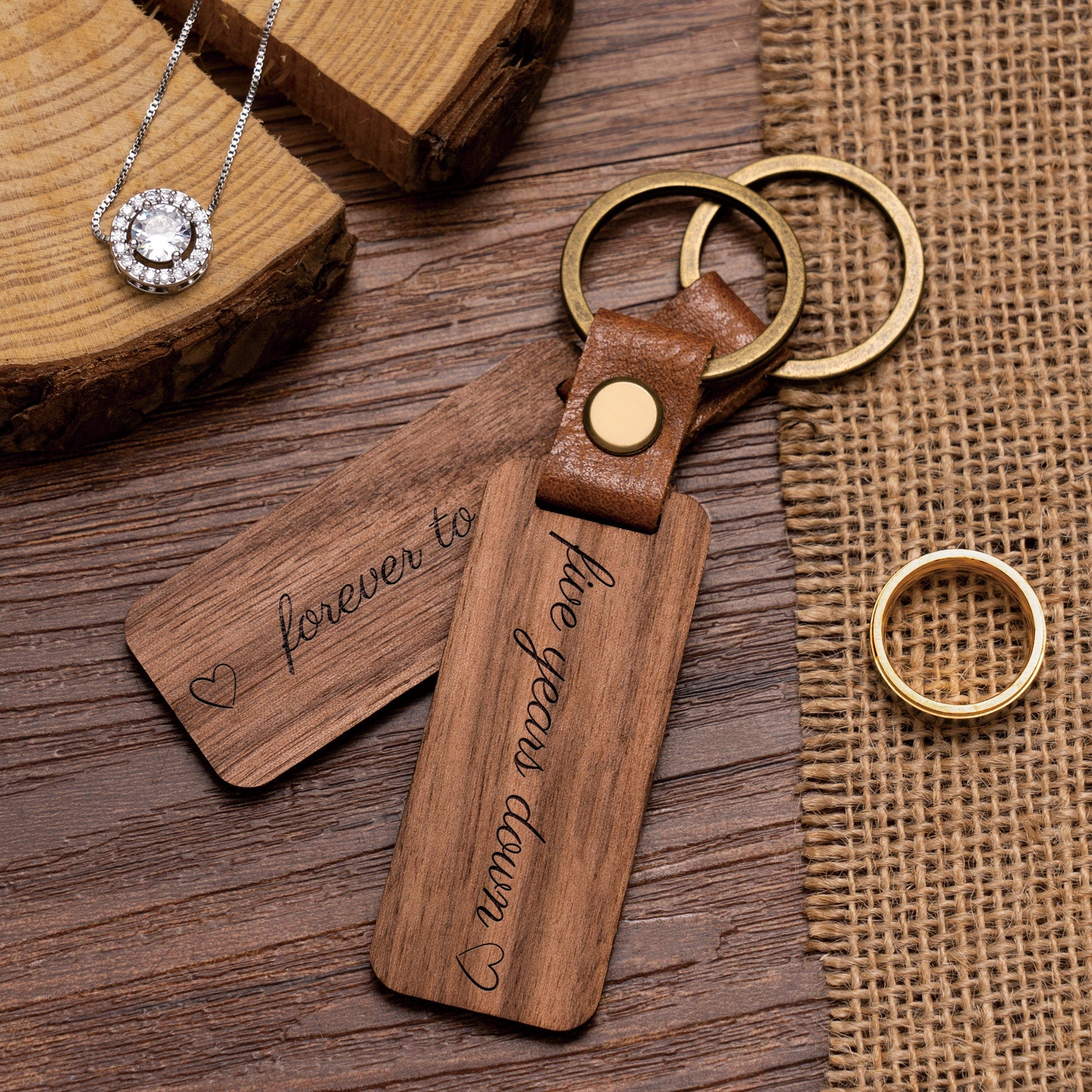 Personalised Wood Couple Keychain, Engraved Keyrings for Couple, Gift For Boyfriend or Husband