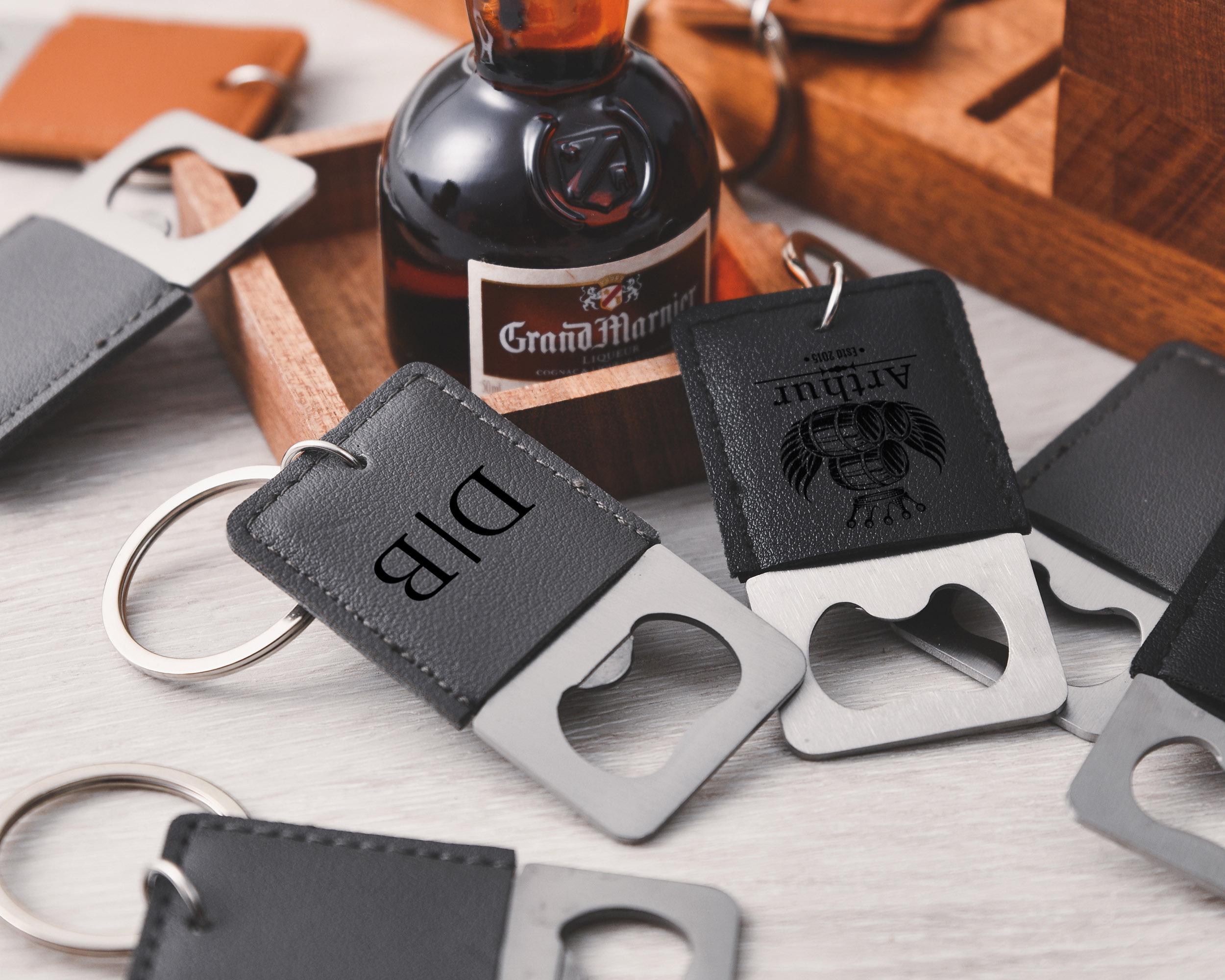 Personalized leather keychain bottle opener, customizable groomsmen gift