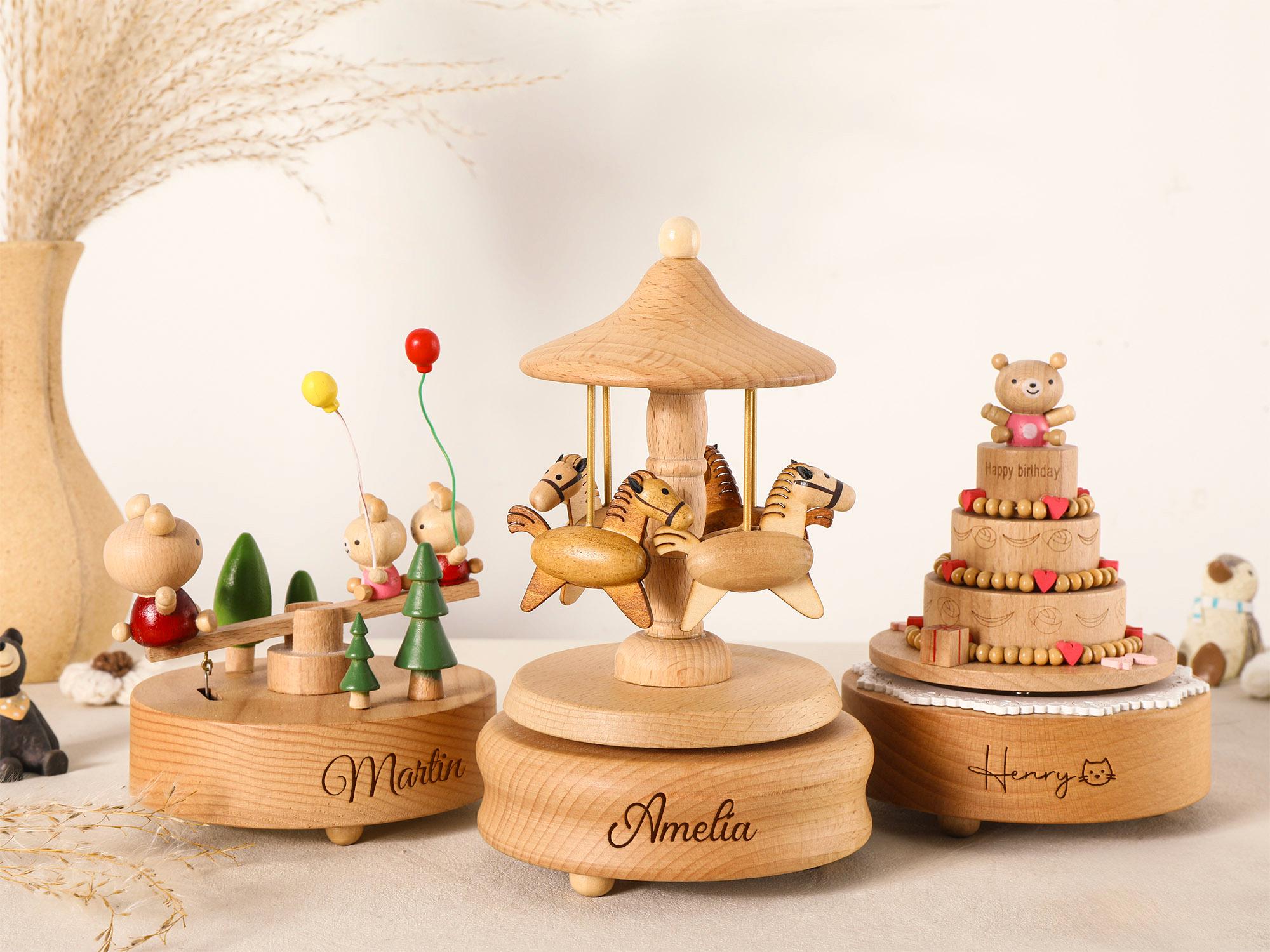 Musical Wooden Ballerina Carousel Keepsake, Engraved Name Music Box, Personalized Wooden MusicBox