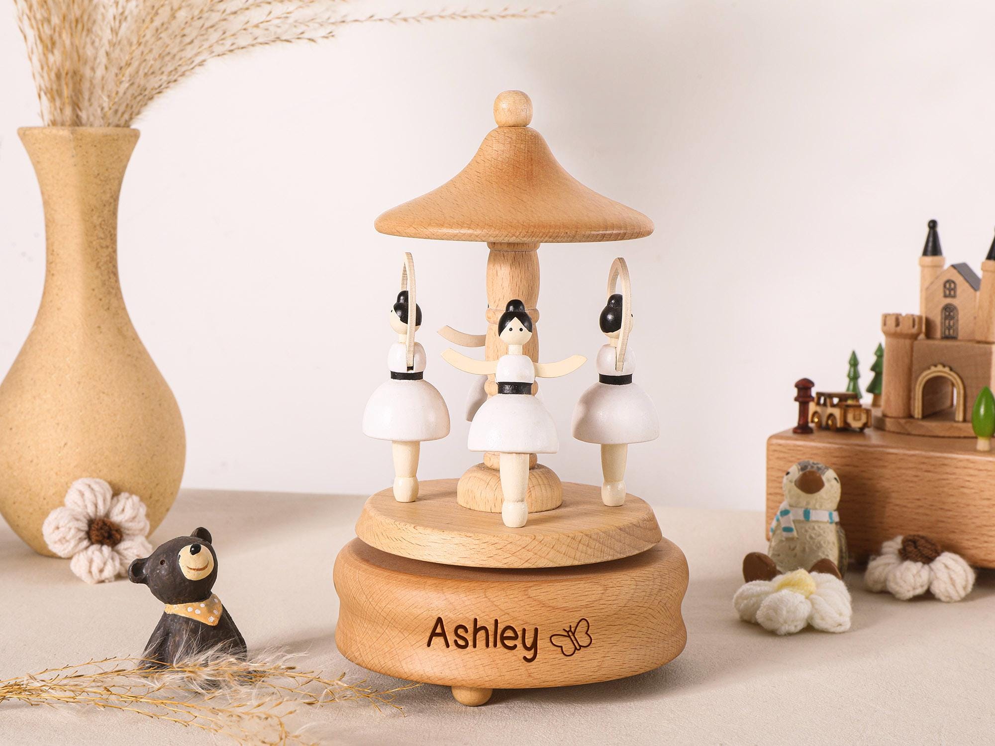 Musical Wooden Ballerina Carousel Keepsake, Engraved Name Music Box, Personalized Wooden MusicBox