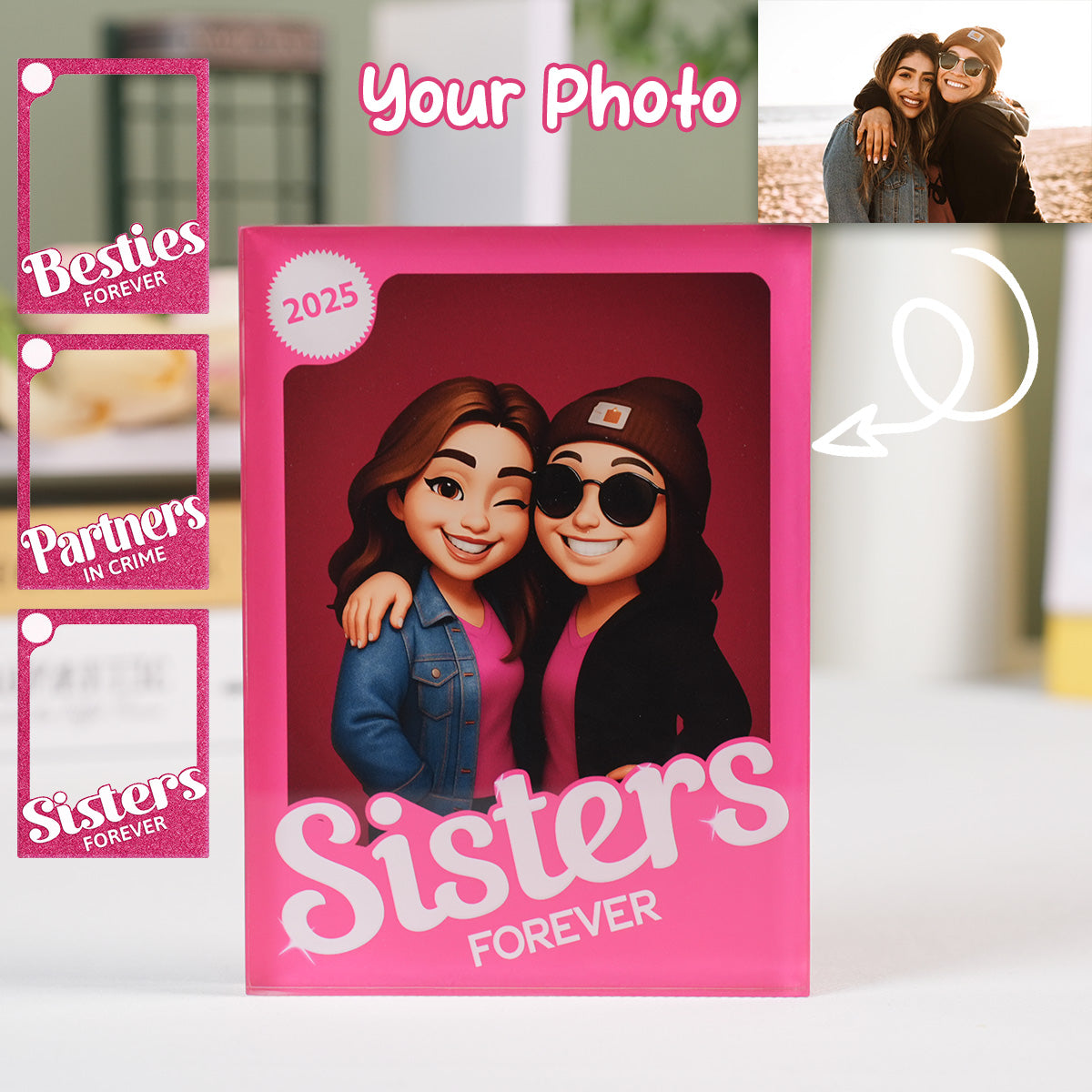 Besties Forever - Sisters Forever - Partner in crime Pink Action Figure 3D Effect, Personalized Acrylic Plaque, Meaningful Gift For Best Friend