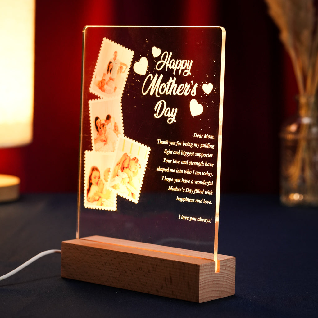 Custom LED Light Frame - Personalized Mother’s Day Acrylic Plaque with Message & Photos