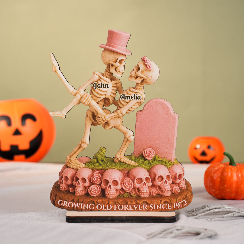Growing Old Forever Wooden Stand Halloween Skeleton Couple