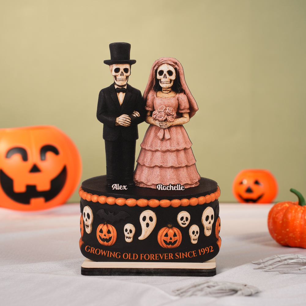 Growing Old Forever Wooden Stand Halloween Skeleton Couple