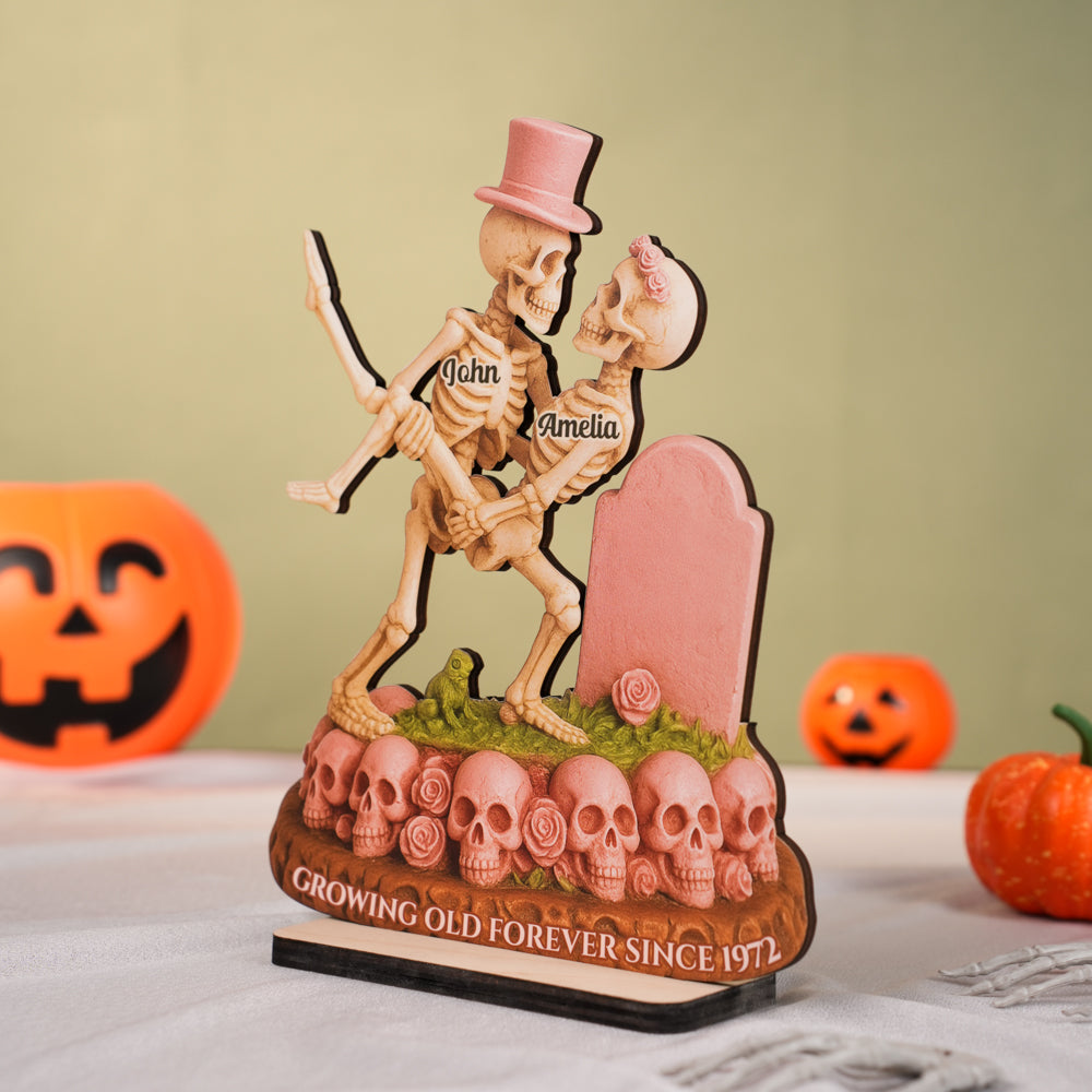 Growing Old Forever Wooden Stand Halloween Skeleton Couple