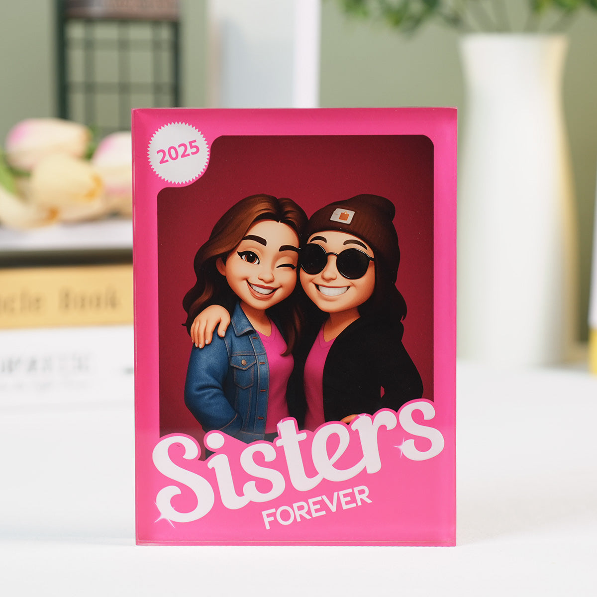 Besties Forever - Sisters Forever - Partner in crime Pink Action Figure 3D Effect, Personalized Acrylic Plaque, Meaningful Gift For Best Friend