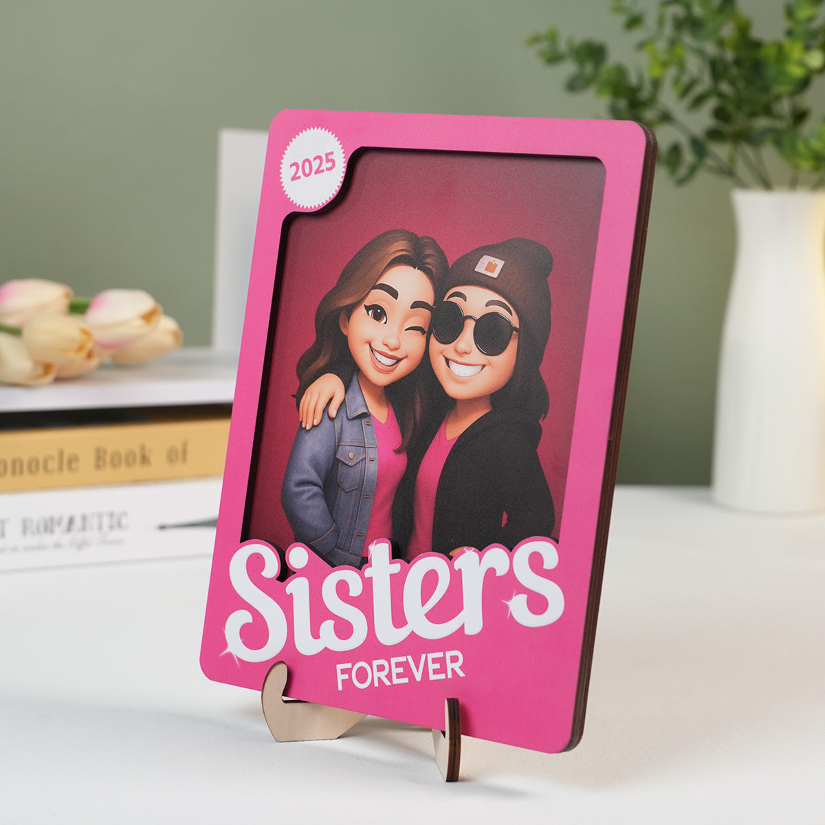 Besties Forever - Sisters Forever - Partner in crime Pink Action 3D Effect, Personalized Wooden Frame, Meaningful Gift For Best Friend