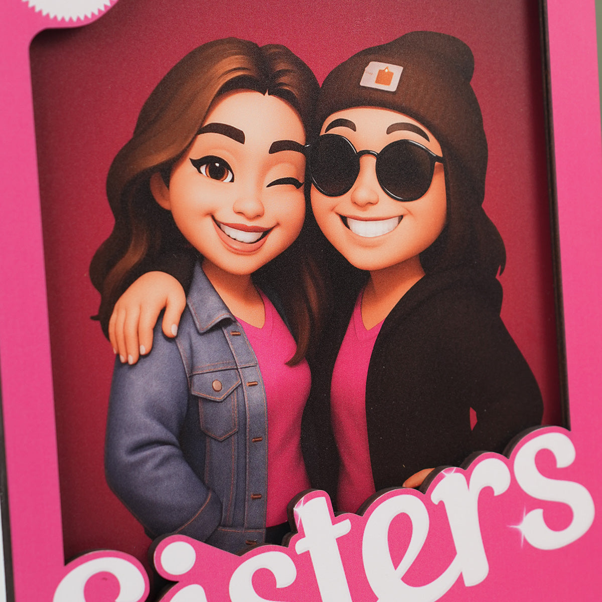 Besties Forever - Sisters Forever - Partner in crime Pink Action 3D Effect, Personalized Wooden Frame, Meaningful Gift For Best Friend