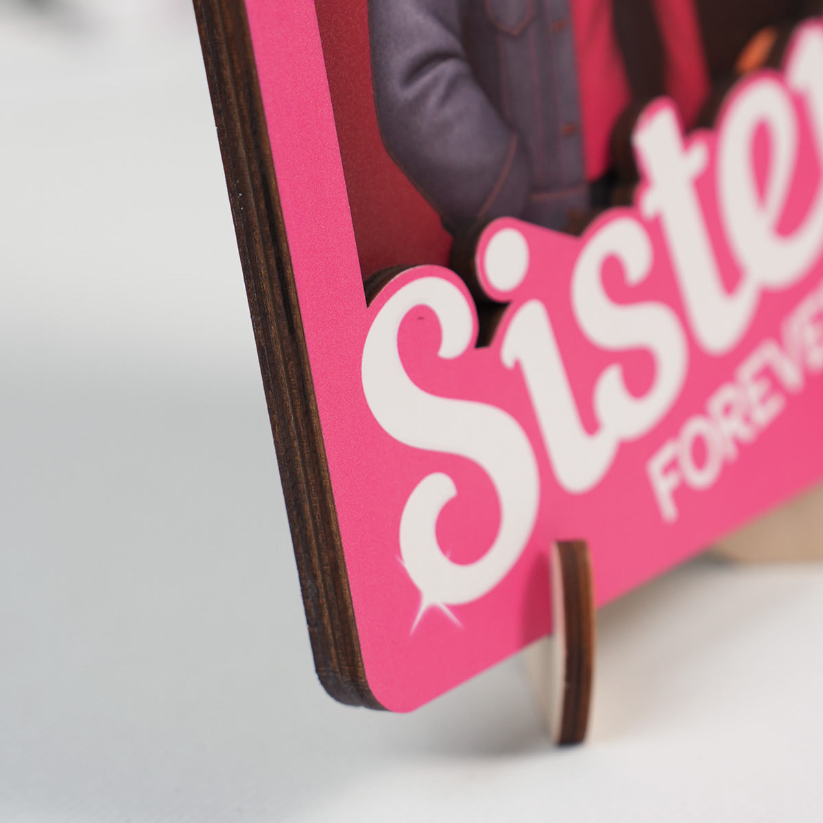 Besties Forever - Sisters Forever - Partner in crime Pink Action 3D Effect, Personalized Wooden Frame, Meaningful Gift For Best Friend