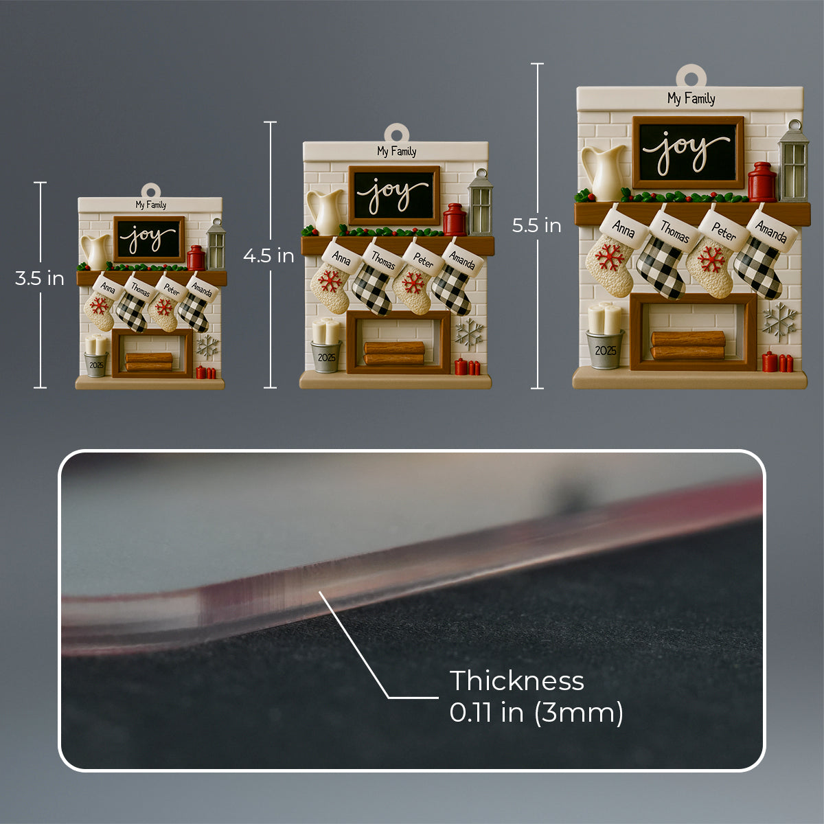 Fireplace Mantel Family Stocking Ornament Personalized Joy Ornament for Christmas Family of 2 3 4 5 6 7 8 9 10 11 12- Family of 11 Ornaments