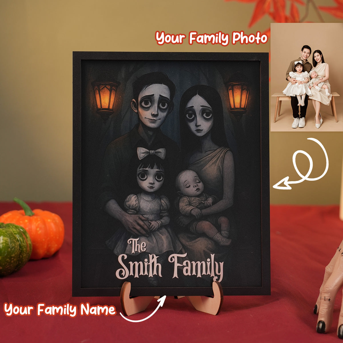 Custom Gothic Family Portrait from Photo Personalized Wooden Frame, Halloween Decor