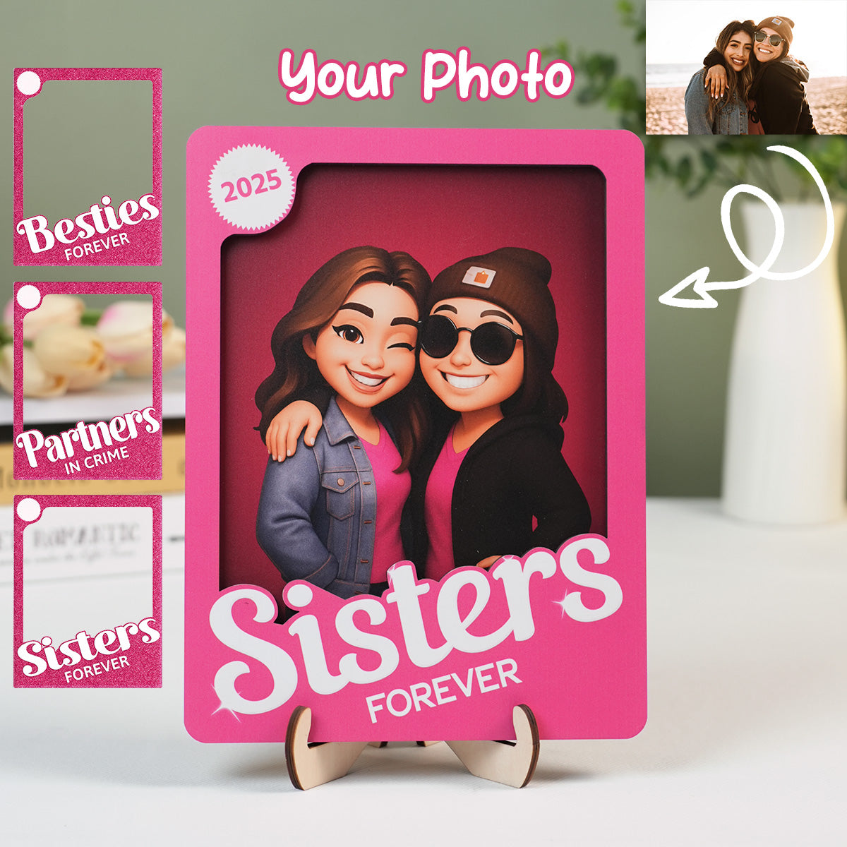 Besties Forever - Sisters Forever - Partner in crime Pink Action 3D Effect, Personalized Wooden Frame, Meaningful Gift For Best Friend