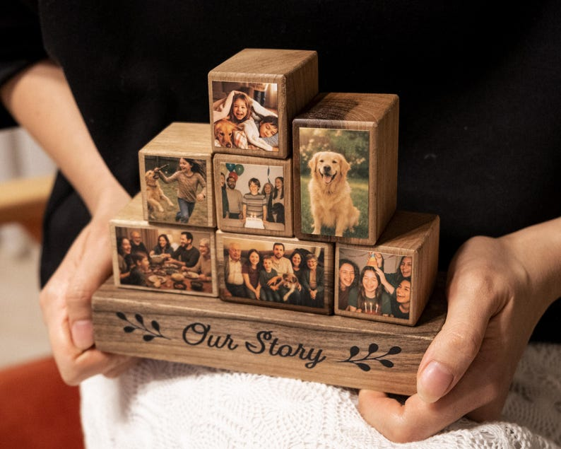 Custom Wooden Photo Blocks Collage – Stackable Wood Photo Block Set, Family & Personalized Picture Gift