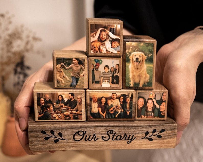 Custom Wooden Photo Blocks Collage – Stackable Wood Photo Block Set, Family & Personalized Picture Gift
