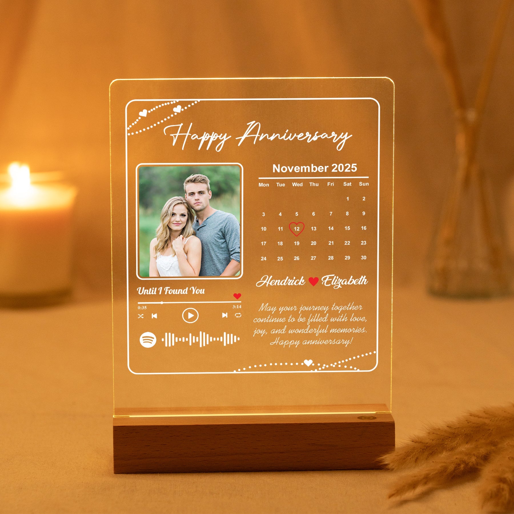 Custom Spotify Song Plaque with Calendar & Photo – Romantic Gift for Couples