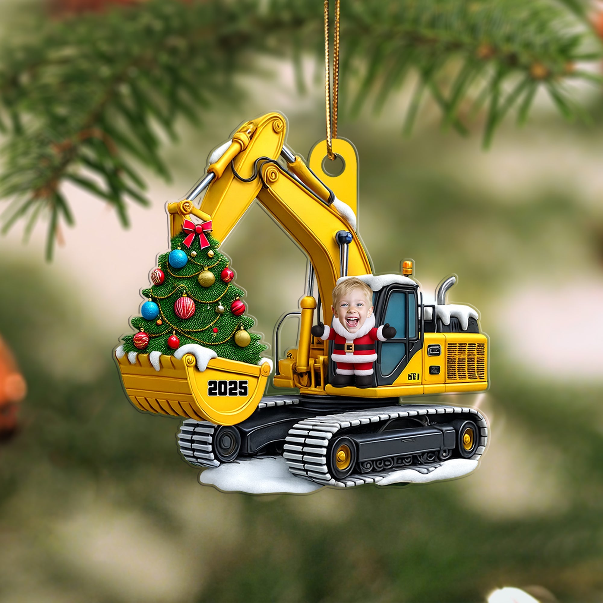 Personalized Xmas Excavator Construction Backhoe Kid Photo Ornament, 3D Effect Xmas Gift For Kids