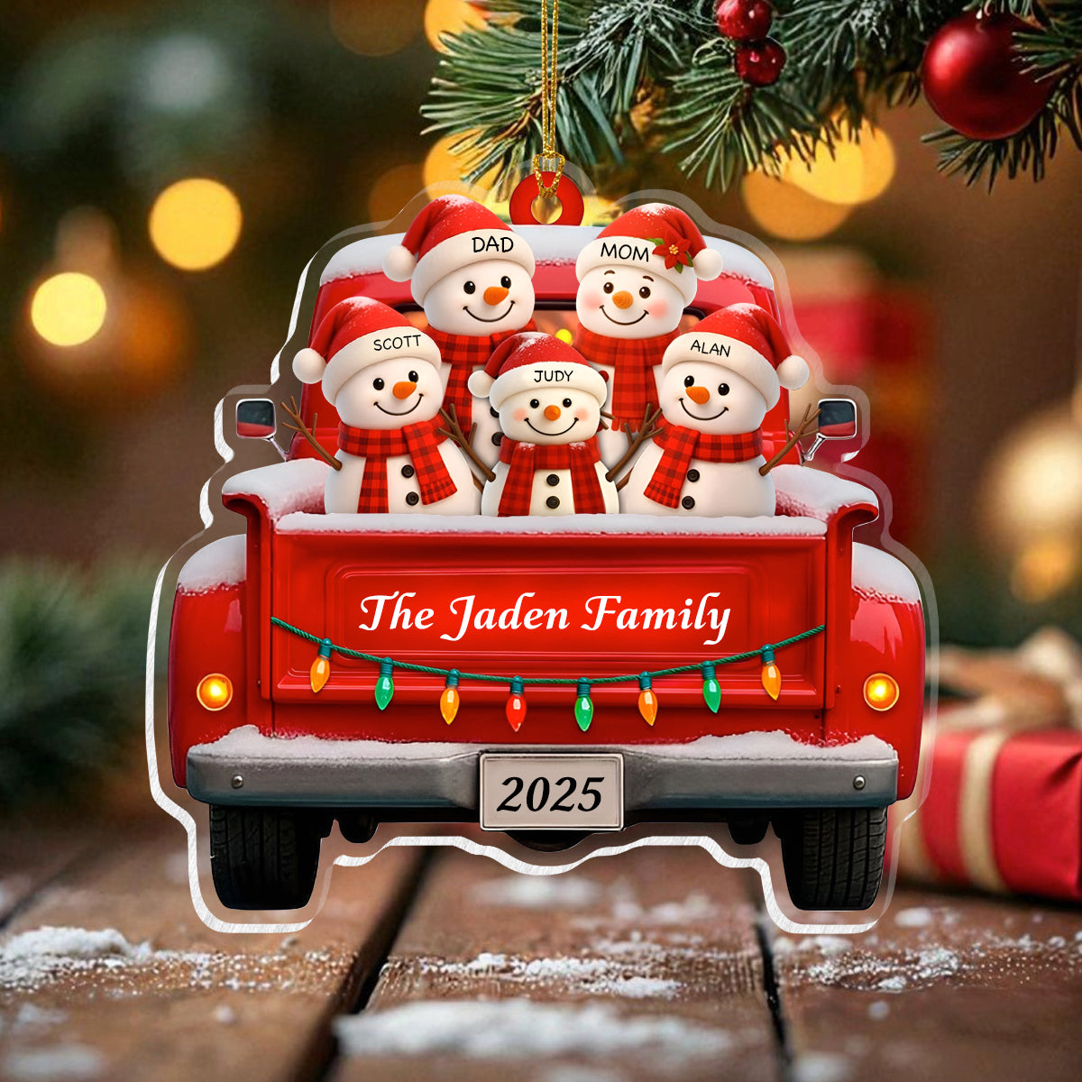 Personalized Snowman Family Christmas Ornament, Red Truck Christmas Ornament, Snowman Ornament, Custom Name Ornament, Baby First Christmas