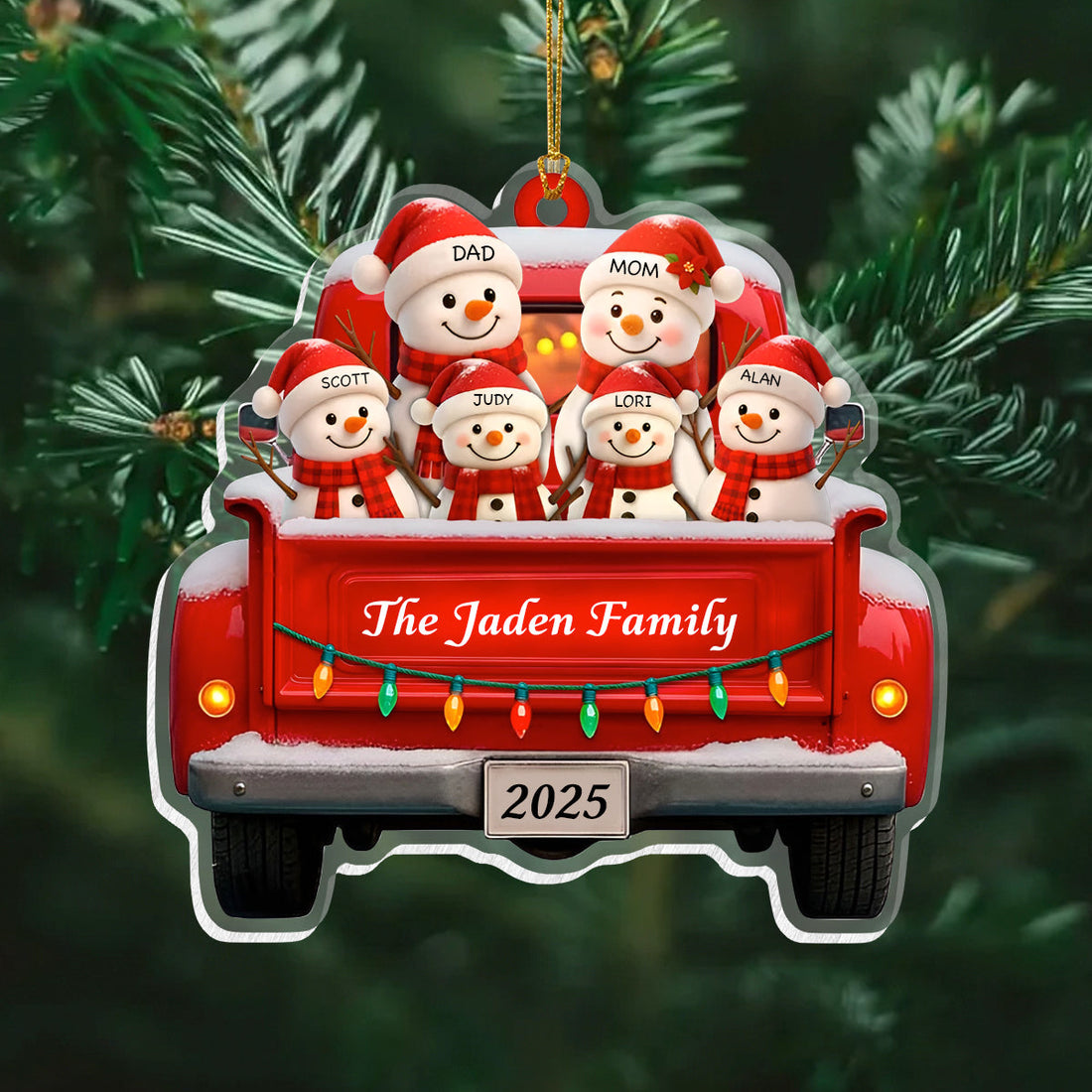 Personalized Snowman Family Christmas Ornament, Red Truck Christmas Ornament, Snowman Ornament, Custom Name Ornament, Baby First Christmas