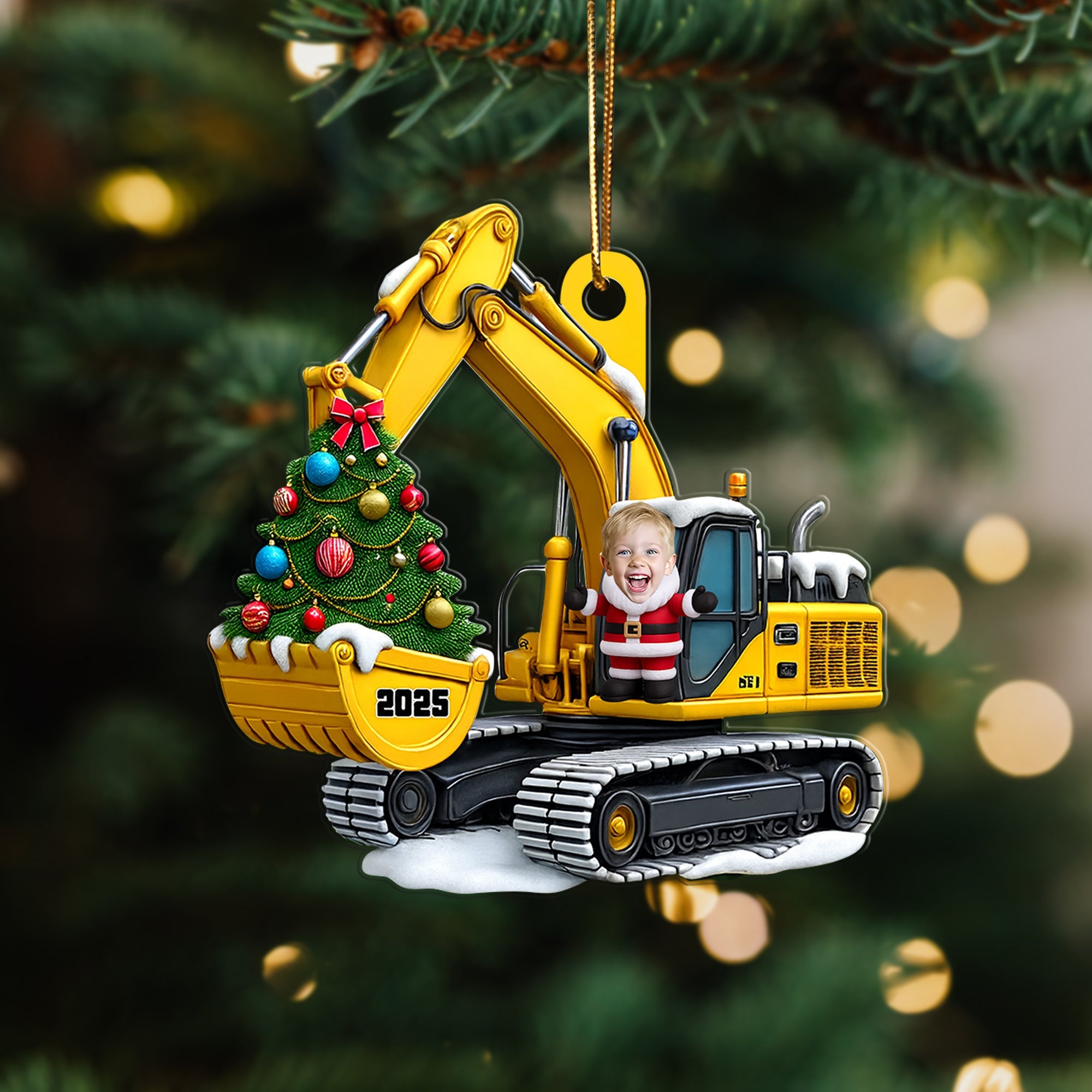 Personalized Xmas Excavator Construction Backhoe Kid Photo Ornament, 3D Effect Xmas Gift For Kids